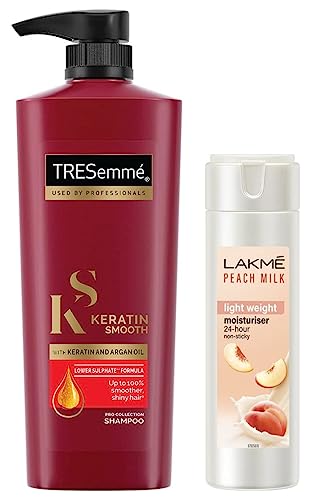 TRESemme Keratin Smooth Shampoo, 580ml And Lakme Moisturizer Body Lotion, Peach Milk, 200ml
