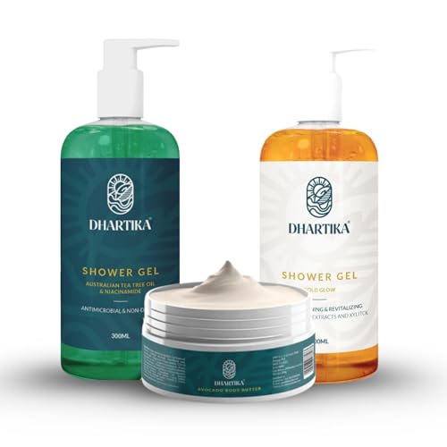 Dhartika Body Indulgence Combo – Avocado Body Butter + Tea Tree & Gold Glow Shower Gels | Deep Moisturizing, Detoxifying & Radiant Skincare Set | Soft, Smooth & Glowing Skin | For Men & Women
