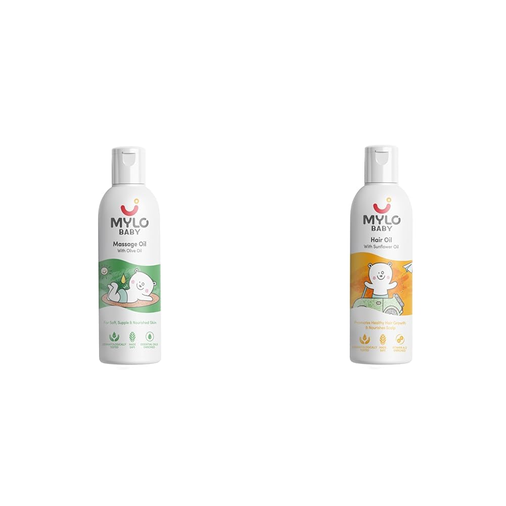 Mylo Baby Massage Oil (200 ml) & Mylo Baby Hair Oil 100 ml | Dermatologically Tested | With Pure Desi Ghee & Olive Oil | Made Safe Certified