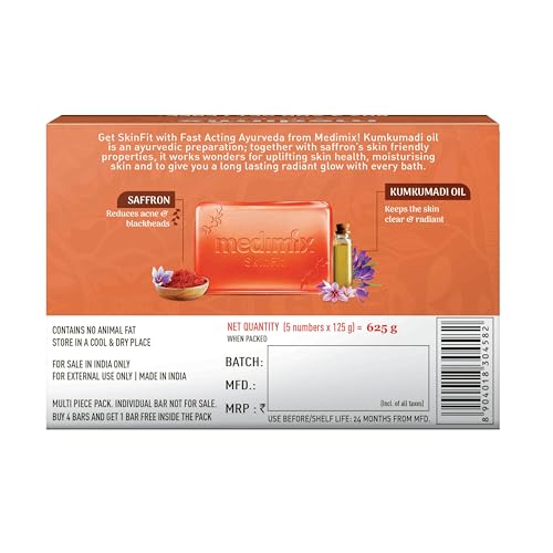 Medimix Ayurvedic Kumkumadi Bathing Soap Bar With Saffron|Kesar|For Moisturising & Radiant Glow|Herbal|Natural|Paraben-Free & Sulphate-Free|100% Vegan|125Gm(Buy 4 & Get 1 Extra Combo Pack)