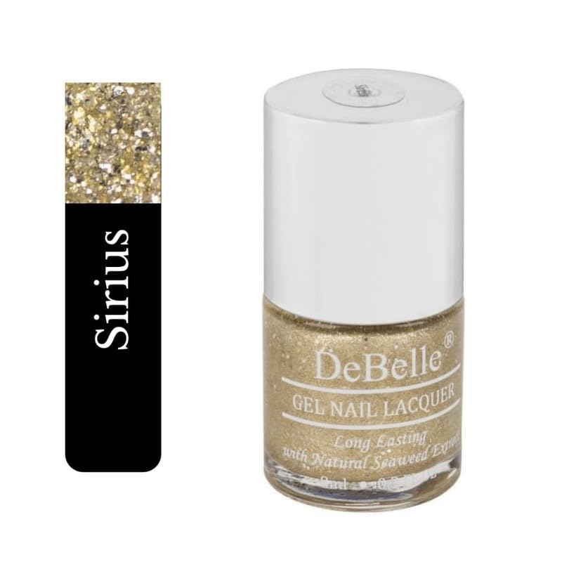 DeBelle Gel Nail Polish Sirius (Gold With Silver Glitter Sugar Finish Nail Paint)|Non UV - Gel Finish |Chip Resistant | Seaweed Enriched Formula| Long Lasting|Cruelty and Toxic Free| 8ml