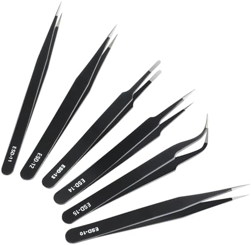 6 Pcs Precision Tweezers Set, Premium Anti - Static Stainless Steel Tweezer, ESD Curved of Tweezers for Electronics, Craft, Laboratory Work, Jewelry - Making, etc