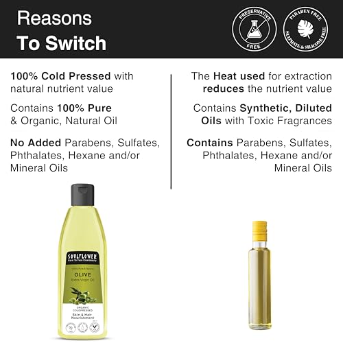 Soulflower Olive Hair & Skin Oil | 225ml | Cold-Pressed Oil for Hair Growth, Face Massage & Deep Moisturization | Reduces Wrinkles, Nourishes Scalp & Strengthens Roots | 100% Pure & Natural with Vitamin E