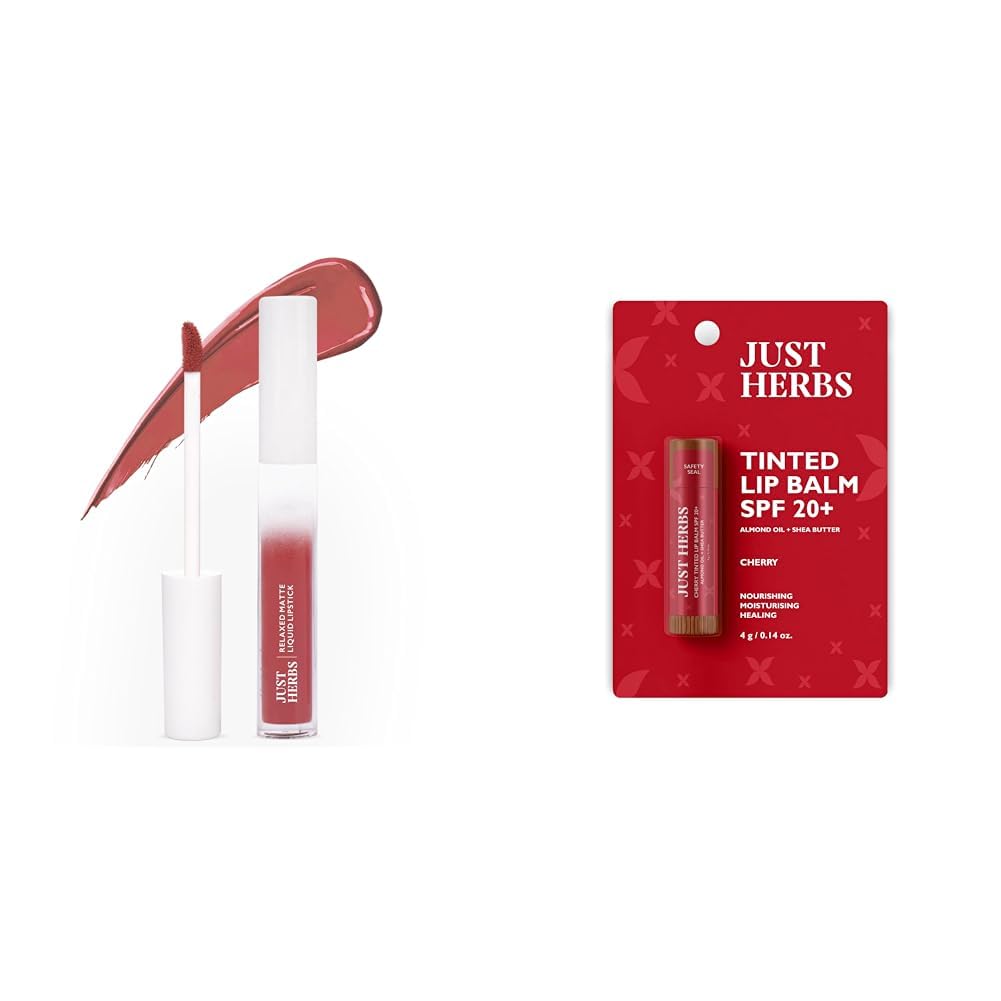Just Herbs Relaxed Matte Liquid Lipstick Lip Colour for Women Tinted Lip Balm for Men and Women with SPF 20+ for Dark Lips to Lighten 4 g (Cherry) Combo