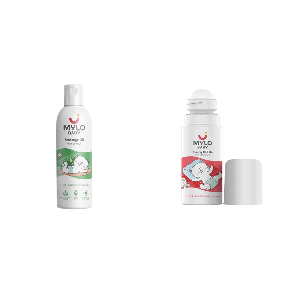 Mylo Baby Massage Oil (200 ml) & Mylo Baby Tummy Roll On (40ml) | Dermatologically Tested | Made Safe Certified | with Hing & Saunf | Relieves Gas & Colic | Reduces Acid Reflux