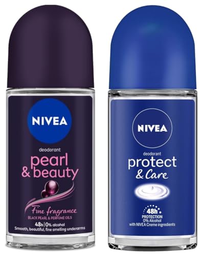 Nivea Women Deodorant Roll On, Pearl & Beauty Fine Fragrance For Fragrant Smooth & Beautiful Underarm Skin, 50ml&Nivea Deodorant Roll On, Protect & Care for Unisex, 50ml