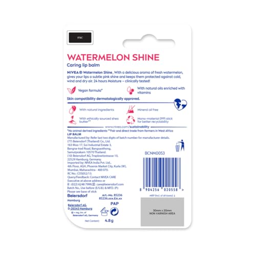 NIVEA Watermelon Shine 4.8g Lip Balm|24 H Melt in Moisture Formula|Natural Oils|Glossy Finish,4.8 g (Pack of 1)