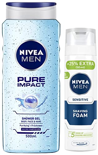 NIVEA MEN Shaving, Sensitive Shaving Foam, 250ml & NIVEA Men Body Wash, Pure Impact with Purifying Micro Particles, Shower Gel for Body, Face & Hair, 500 ml