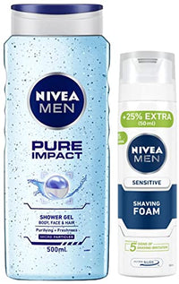 NIVEA MEN Shaving, Sensitive Shaving Foam, 250ml & NIVEA Men Body Wash, Pure Impact with Purifying Micro Particles, Shower Gel for Body, Face & Hair, 500 ml