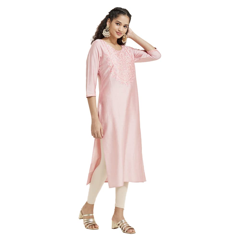 Kashish Women's  Viscose Embroidered Round Neck Straight Fit Kurta