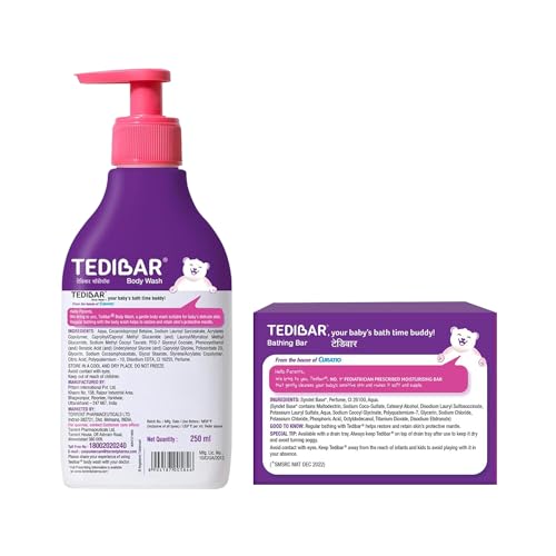 Tedibar Rich Moisturising Baby Body Wash 250ml with Skin Friendly PH | 100% Soap & Alkali Free With Tedibar Moisturising Baby Bathing Bar 75g(Pack of 1) with Skin Friendly PH- By Torrent Pharma