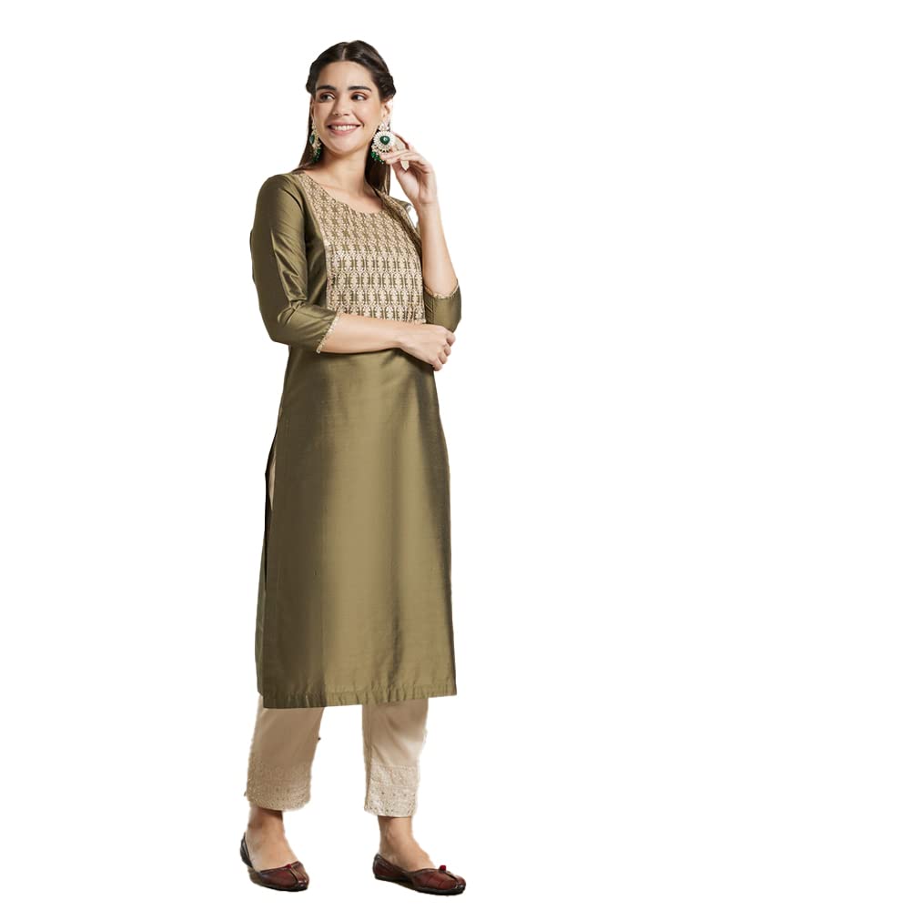 Kashish Women's  Viscose Embroidered Round Neck Straight Fit Kurta