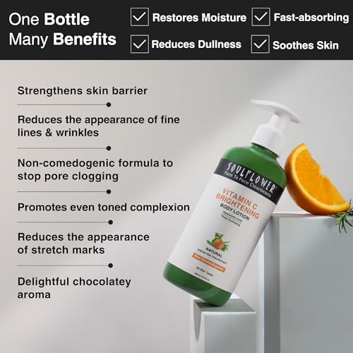 Soulflower Vitamin C Body Lotion with Hyaluronic Acid for Natural UV Protection, Dark Spots reduction, skin Nourishment, Brightning, Hydration for All Skin Types | Light weight & non-sticky | 200ml
