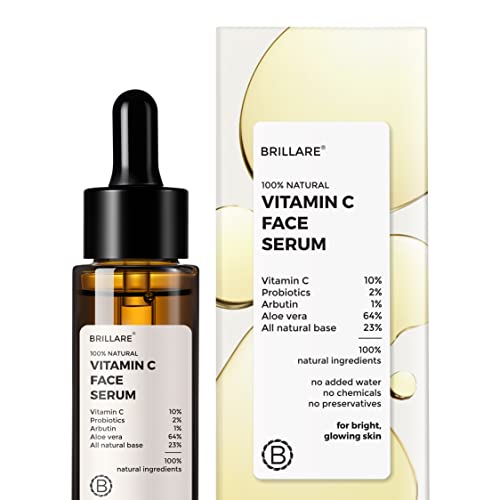 Brillare 10% Vitamin C Serum, Bright & Glowing Skin with Probiotics & Aloe Vera, Reduces Dull Skin Tone & Dark Spots, 100% Natural Face Serum, 30ml