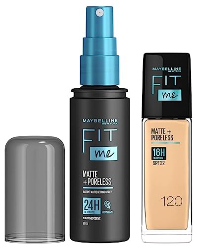 Maybelline New York Fit Me Matte+Poreless Liquid Foundation Medium Coverage For Oily Skin oil, 120 Classic Ivory, 30Ml With Spf Fit Me Matte + Poreless Setting Spray, 60 Ml, Pack Of 1