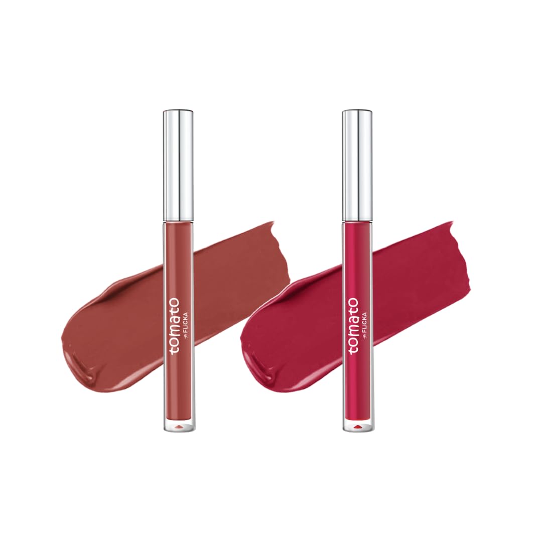 FLiCKA Tomato Liquid Matte Lipstick Transfer Proof, Smudge Proof, Non-Sticky, Creamy Lightweight Shade 2 & Shade 4 Combo