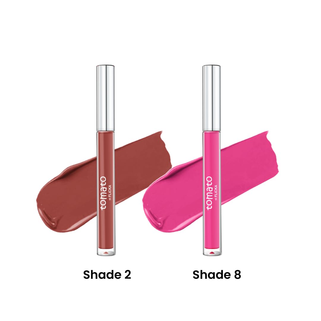FLiCKA Tomato Liquid Matte Lipstick Transfer Proof, Smudge Proof, Non-Sticky, Creamy Lightweight Shade 2 & Shade 8 Combo