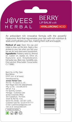 Jovees Herbal Berry Lip Balm with Hyaluronic Acid | 24 Hour Hydration | Rejuvenates Dry and Chapped Lips | Gives Soft & Supple Lips 5g