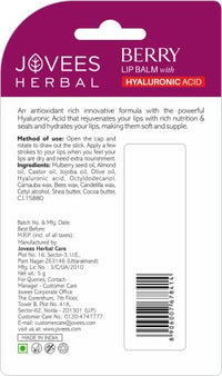 Jovees Herbal Berry Lip Balm with Hyaluronic Acid | 24 Hour Hydration | Rejuvenates Dry and Chapped Lips | Gives Soft & Supple Lips 5g