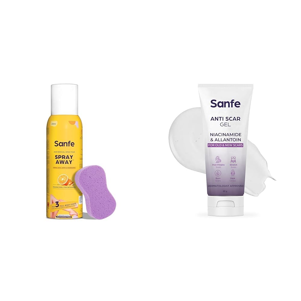 Sanfe Painless & Detan Hair Removal Spray Cream - 200 ml Anti Scar Gel - Niacinamide & Allantoin Acne/Stretch/Burn scars/Dark circles removal cream For old & new scars-20 g
