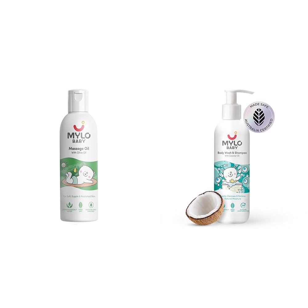 Mylo Baby Massage Oil (200 ml) & Mylo Baby Body Wash and Shampoo 200 ml | Dermatologically Tested | Made Safe Certified | Gentle Cleansing Head-to-Toe | Tear Free Formulation | Dermatologically Tested