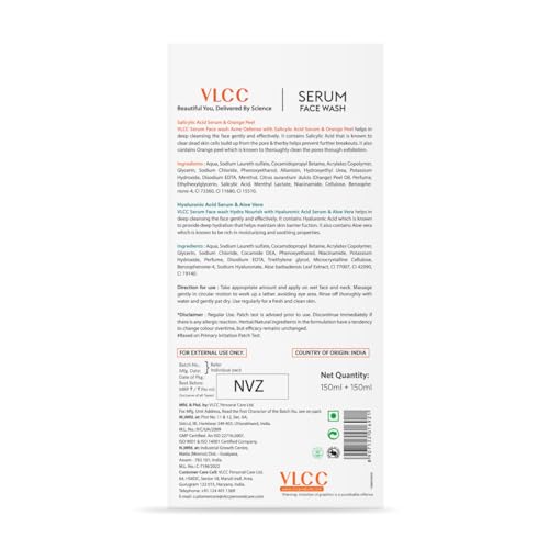 VLCC Salicylic Acid & Orange Peel Serum Facewash - 150 ml for Deep Pore Cleansing for AM | with Free Hyaluronic Acid & Aloe Vera Serum Facewash - 150 ml to Strengthen Skin Barrier for PM (B1G1)