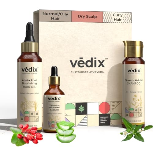 Vedix Ayurvedic Hair Fall Control Kit | Customized for Normal/Oily Hair - Normal-Oily Scalp & Straight Hair - Pack of 3 | Berberis & Banyan Anti Hair Fall Oil + Shampoo + Hair Growth Serum - 240 ml