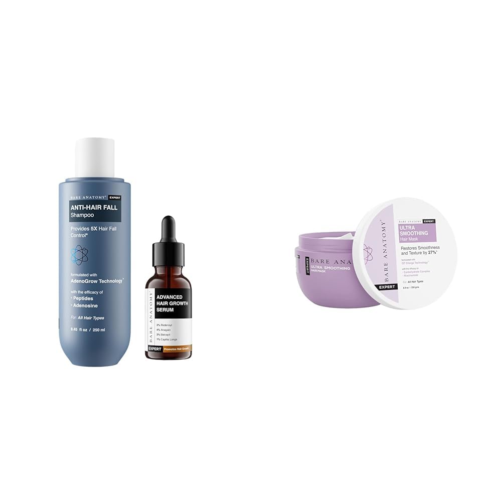 Bare Anatomy Anti Hair Fall Shampoo Hair Fall Control & Growth 250ml 3% Redensyl + 4% Anagain + 3% Baicapil + 1% Capilia Longa 30mL Ultra Smoothing Hair Mask For Dry & Frizzy Hair Women & Men|250gm