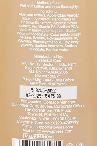 Jovees Herbal Apple Cider Vinegar & Ylang Ylang | Hair Regrowth Shampoo For Dry & Frizzy Hair | Natural Ingredients | No Sulphate No Paraben |For Men & Women 300ml