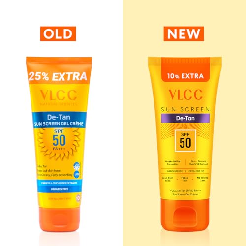 VLCC De-Tan SPF 50 PA+++ Sunscreen Gel Crème - 100g + 10g Extra | With Cucumber, Carrot, and Saxifraga Extracts | Enhances Glow, Protects from UVA, UVB Rays, and Help Reduce Dark Patches.