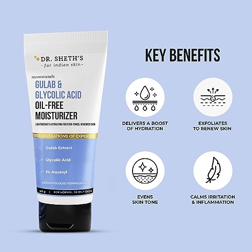 Dr. Sheth's Gulab & Glycolic Acid Oil-Free Moisturizer | Light, Hydrating Formula For Even-Toned & Renewed Skin | For Men & Women | 50g