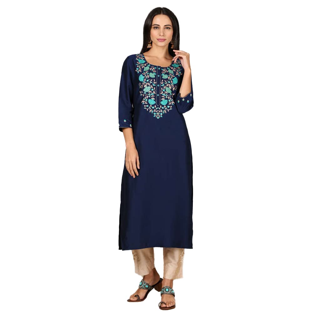 Kashish Women's  Viscose Embroidered Round Neck Straight Fit Kurta