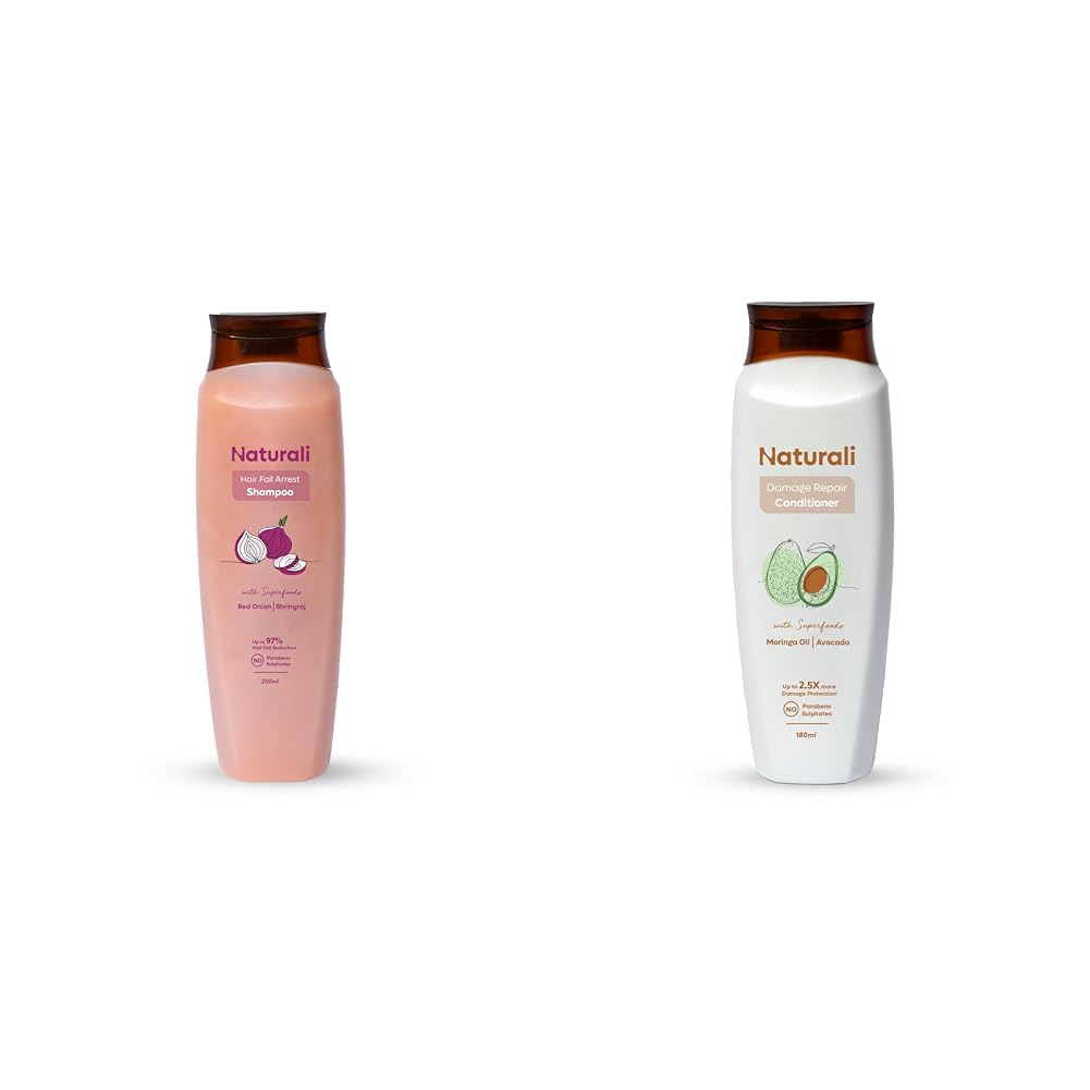 Naturali Hairfall Arrest Shampoo + Damage Repair Conditioner | Strengthens Hair & Promotes Regrowth | Repairs Split Ends | Smoothes Dry, Damaged Hair | Sulphate & Paraben Free | 200ml + 180ml
