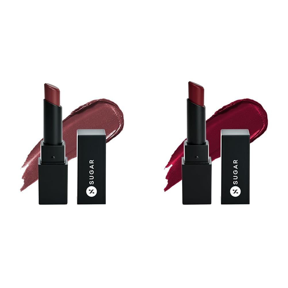 SUGAR Cosmetics - Nothing Else Matter - Longwear Matte Lipstick - 12 Teak Over (Purple Brown & SUGAR Cosmetics - Nothing Else Matter - Longwear Matte Lipstick - 14 Red Herring (Raspberry Pink
