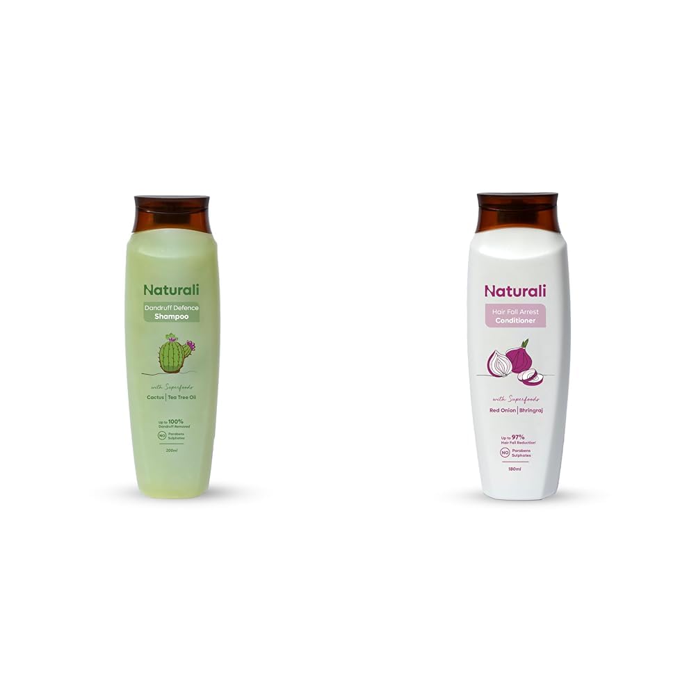 Naturali Dandruff Defence Shampoo + Hair Fall Arrest Conditioner | Reduces Flakiness & Dandruff | Soothes Scalp | Controls Hair Breakage | Tea Tree Oil Shampoo | Onion Conditioner | 200ml+180ml