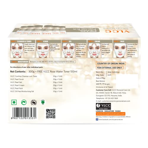 VLCC Pearl Facial Kit with FREE Rose Water Toner - 300g + 100ml | Luminous and Radiant Skin | At Home Facial with Pearl Extracts, Sandalwood, Turmeric & Aloe Vera | Tan Removal Facial Kit.