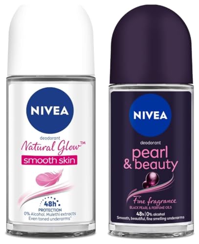 Nivea Women Deodorant Roll On, Pearl & Beauty Fine Fragrance, 50ml & Nivea Natural Glow Smooth Skin Deodorant Roll On for Women, 50ml