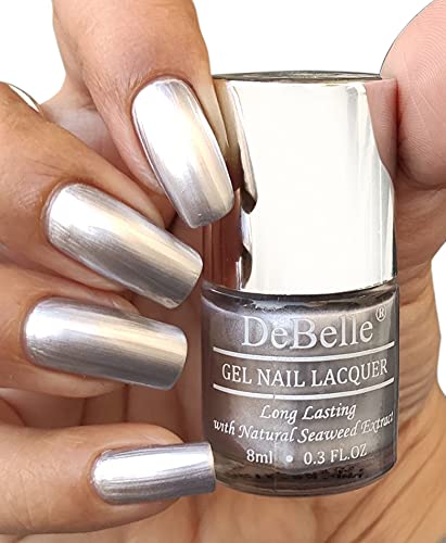 DeBelle Gel Nail Polish Chrome Silver (Metallic Silver Nail Paint)|Non UV - Gel Finish |Chip Resistant | Seaweed Enriched Formula| Long Lasting|Cruelty and Toxic Free| 8ml