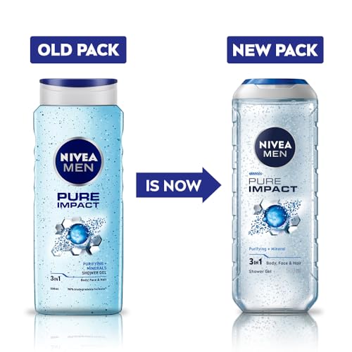NIVEA MEN Pure Impact Shower Gel, 500ml, (Hair, Face & Body Wash)