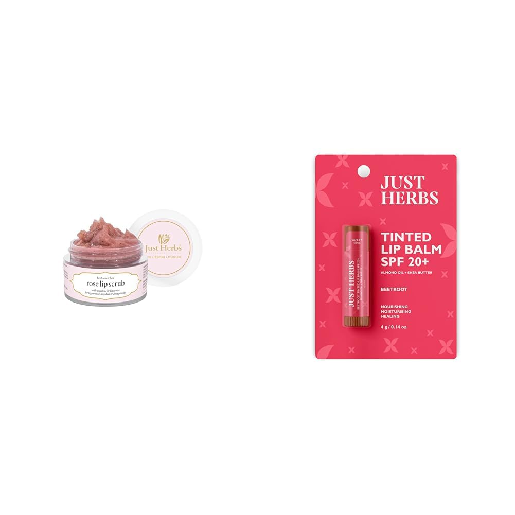 Just Herbs Ayurvedic Rose Lip Scrub For Dry & Just Herbs Tinted Lip Balm for Men and Women with SPF 20+ for Dark Lips to Lighten 4 g (Beetroot) Combo