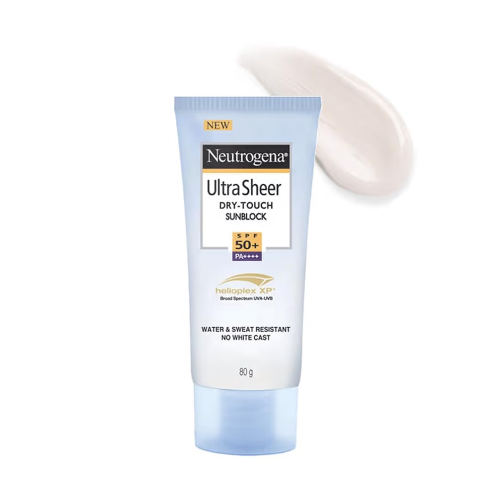 Neutrogena Ultra Sheer Sunscreen SPF 50+ | Broad Spectrum UVA/UVB | Blue light protect | No White Cast | Water resistant, Ultra light & Non sticky | Oily, Dry & Sensitive Skin | 80 g (Pack of 1)