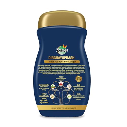 Zandu Dirghayuprash: Anti Age Action* with Vayasthapan Mahakashaya Herbs, Scientifically Proven, goodness of Chyawanprash for 3 way immunity action*| Boosts Energy, Strength, Stamina | Helps Strengthen Bones & Joints| | 450 GM