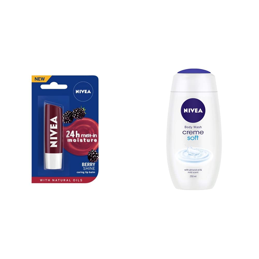 Nivea Lip Balm, Fruity Blackberry Shine, 4.8g & Shower Gel, Crème Soft Body Wash, Women, 250ml