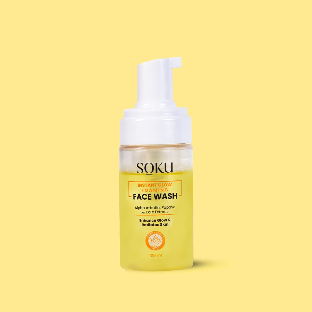SOKU Instant Glow Foaming Facewash for Deep Cleansing | Enriched With Alpha Arbutin, Papaya & Kale Extract for Instant Brightening | Gentle Cleanser for Men & Women | Sulphate & Toxin Free