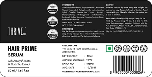 ThriveCo Anti-Grey Hair Prime Serum | Reverses & Limits Hair Greying | Arcolys + Biotin + Black Tea Extract | Light-Weight, Non-Sticky & Odourless | For Men and Women | 50 Ml (Pack of 3)