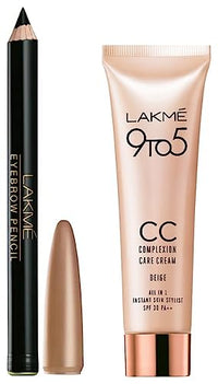 Lakmé Eyebrow Pencil, Black, 1.2g & Lakme 9 to 5 CC Cream Mini, 01 - Beige, Light Face Makeup with Natural Coverage, SPF 30 - Tinted Moisturizer to Brighten Skin, Conceal Dark Spots, 9 g