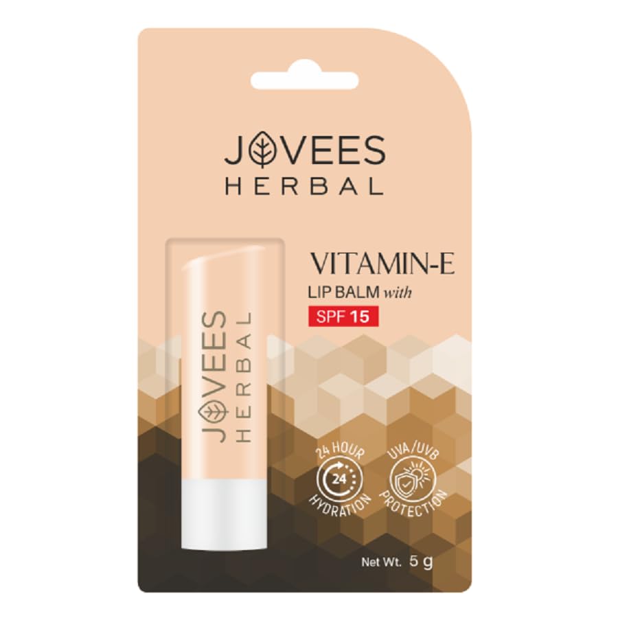Jovees Herbal Vitamin E Lip Balm with SPF 15 For Soft, Glossy And Supple Lips | 24 Hour Hydration | Rejuvenates Dark, Pigmented, Dry, Chapped And Sun Damage Lips- 5g