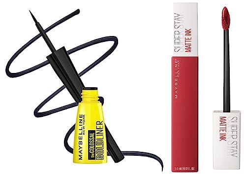 Maybelline New York Super Stay Matte Ink Liquid Lipstick, 20 Pioneer, 5ml and Maybelline New York Colossal Bold Eyeliner, Black, 3g