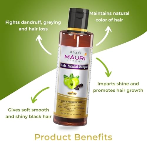 Khadi Mauri Herbal Amla Shikakai Shampoo - Strengthens Roots & Hair Follicles, Repairs Damage & Fights Hairfall - Enriched with Natural Ingredients - 210 ML