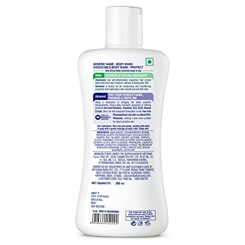 Chicco Baby Moments Mild Body Wash Protect, New Advanced formula with Natural Ingredients, No tears, Suitable for Baby’s Body Wash, No Phenoxyethanol and Parabens (200ml)